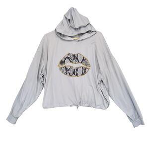 UK2LA Women's L Snakeskin Gold Lips Gray Cropped Hoodie Top, Y2K Streetwear Glam